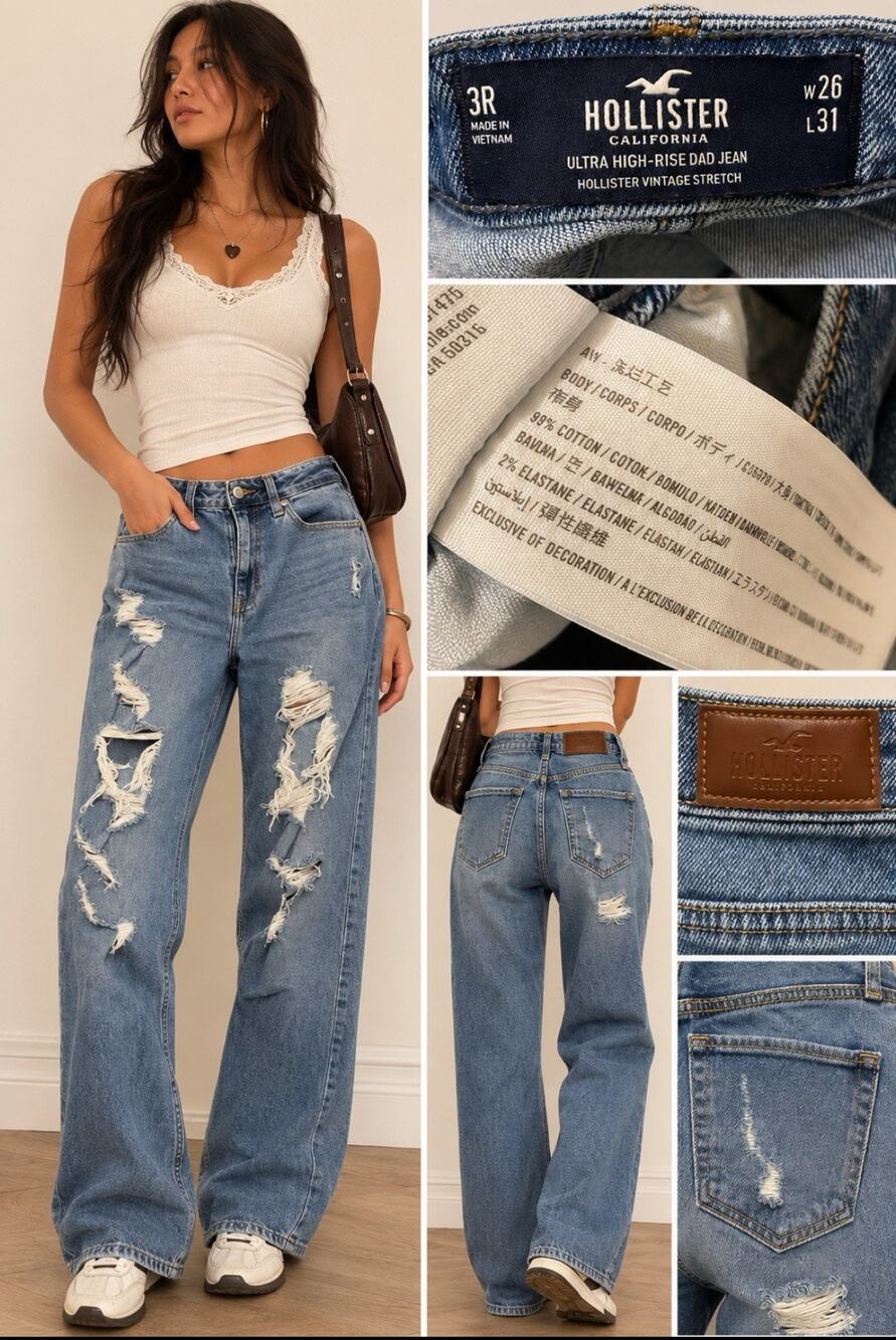 Hollister Women's Ultra High-Rise Dad Jean Size 3 Distressed Denim